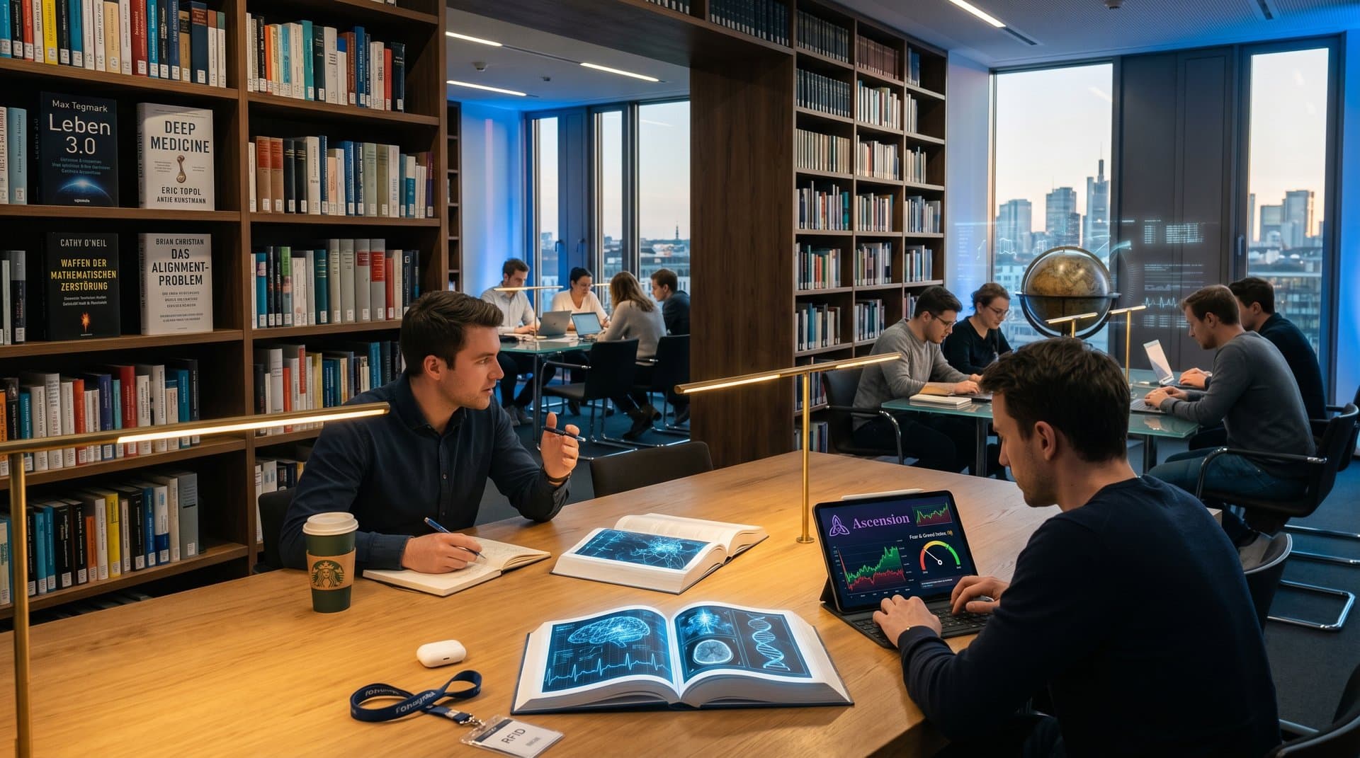 Bücher zu verantwortungsvoller KI Gesundheitswesen mit neuronalen Netzen, medizinischen Diagrammen und Crypto-Charts in moderner Bibliothek