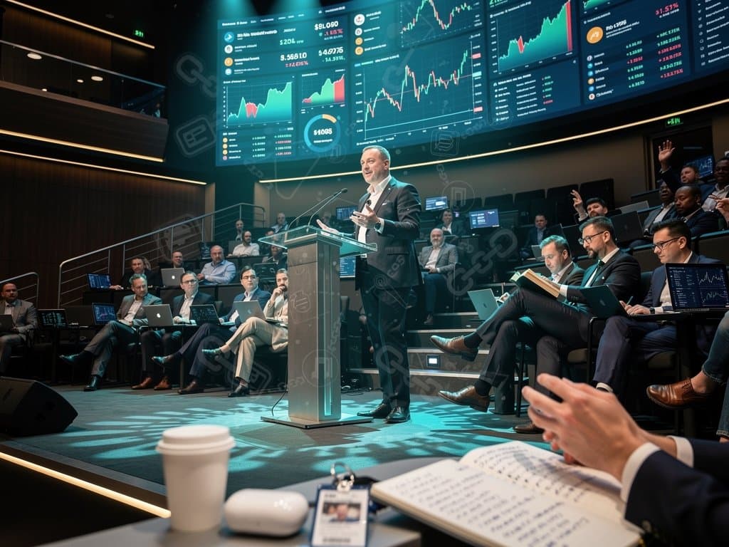 Fintech-Futurist Keynote mit Krypto-Charts und Blockchain-Visuals auf Bühne