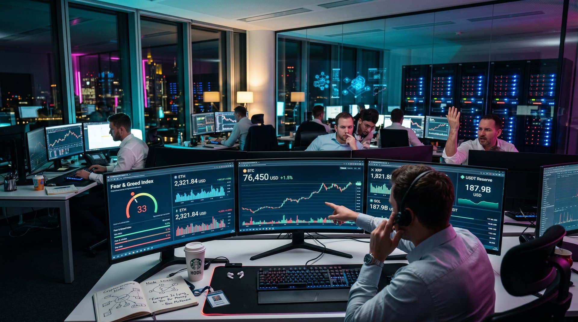 Crypto-Charts auf Multi-Monitor-Setup mit Bitcoin 76k USD, Fear & Greed 33 in Trading-Office