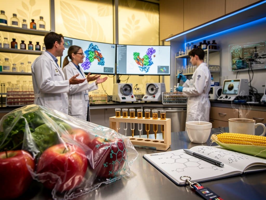 Biologisch abbaubare Frischhaltefolie mit Protein-Simulationen und Laborausrüstung