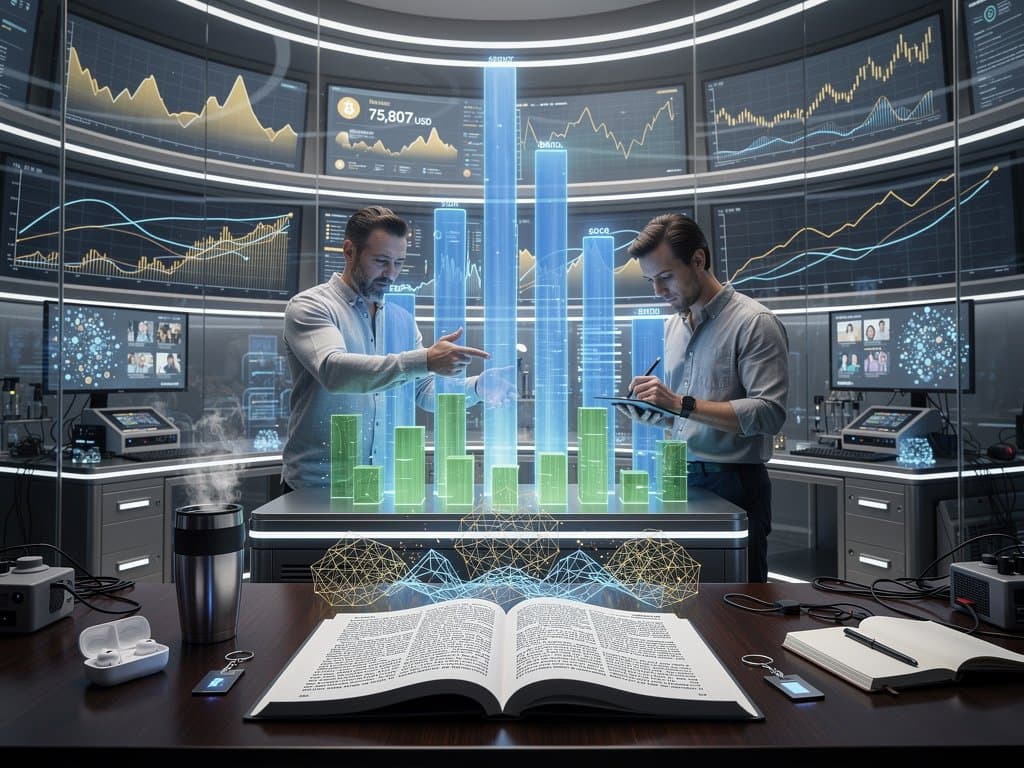 Abstraktes Labor mit Wertemodellen, KI-Analysen zu Literatur und Crypto-Charts