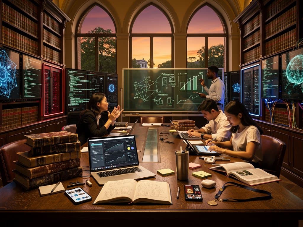 Universitätsbibliothek mit KI-Bildschirmen, Bücherstapeln und Studenten um Tisch bei goldenem Licht
