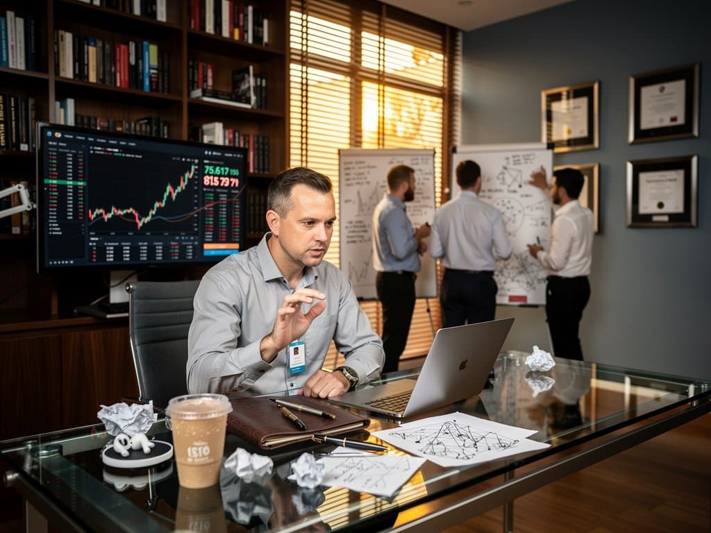 Schreibtisch mit KI-Texten, Krypto-Charts und Büchern über Künstliche Intelligenz und Literatur