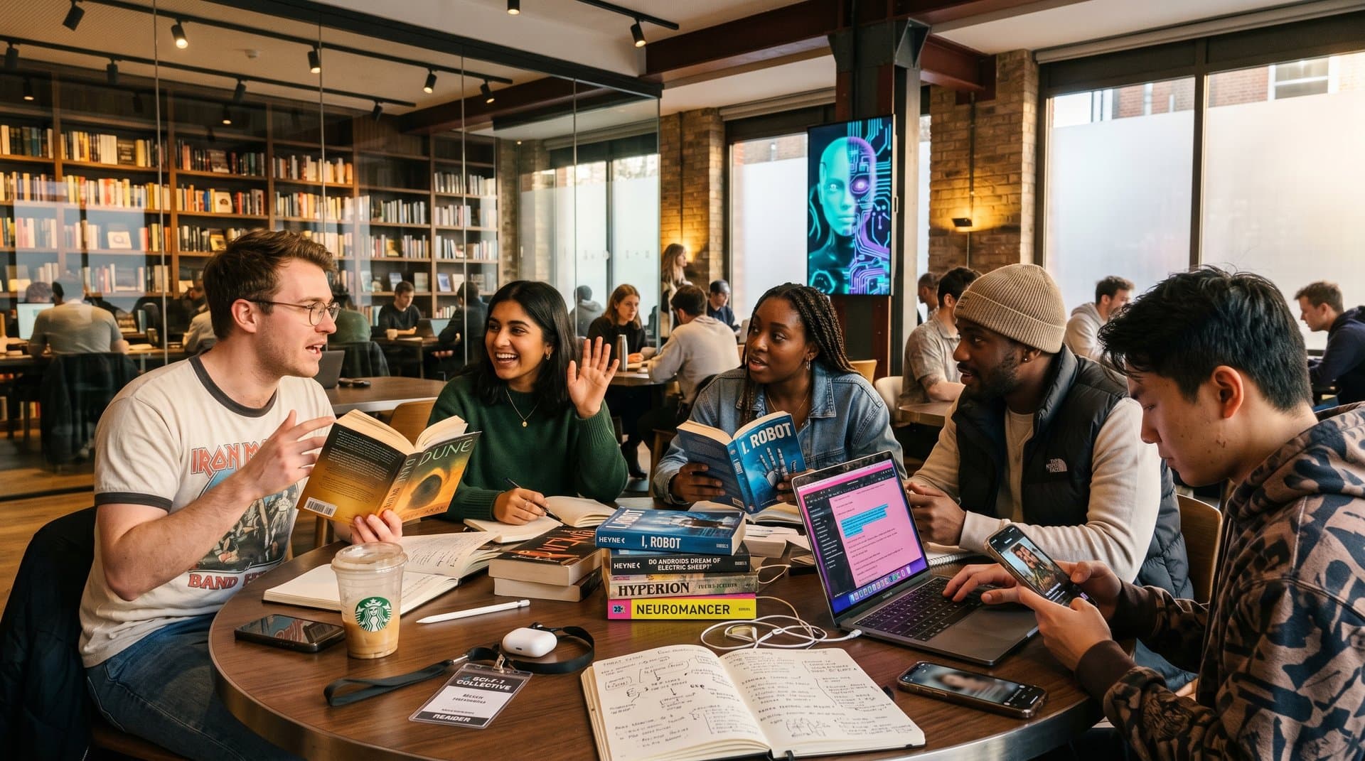 Junge Leser diskutieren Sci-Fi-Bücher und KI-Ethik in modernem Club
