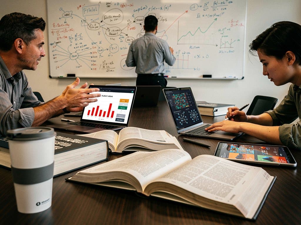 Abstrakte Labor-Szene mit LLMs Studentenwerte, Büchern, Wertdiagrammen und Crypto-Charts