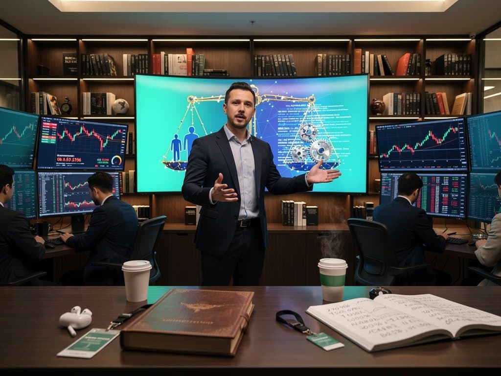 Buch mit KI-Netzwerken, Ethik-Diagrammen und Krypto-Charts im Feuilleton-Büro