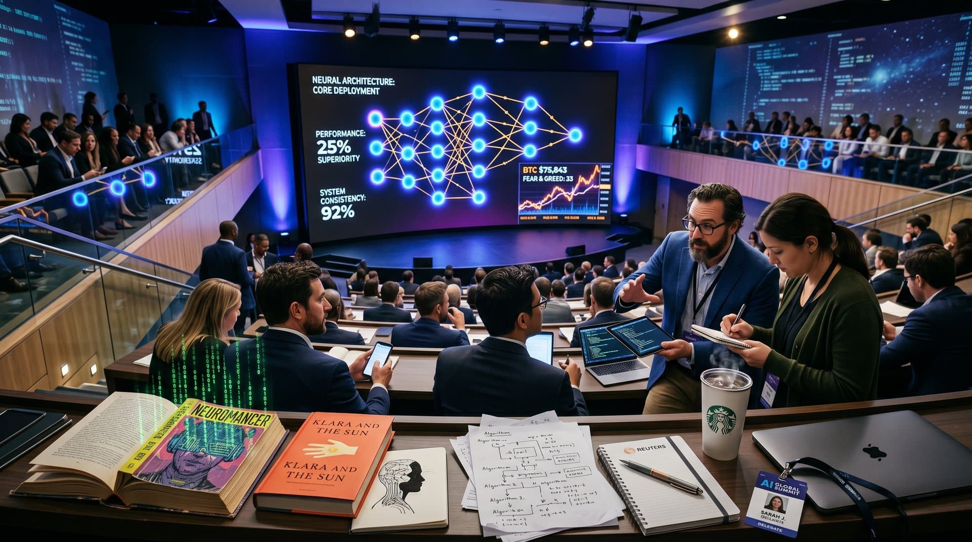 Abstraktes neuronales Netzwerk mit Wertsystem-Graphen, Sci-Fi-Büchern und Crypto-Charts