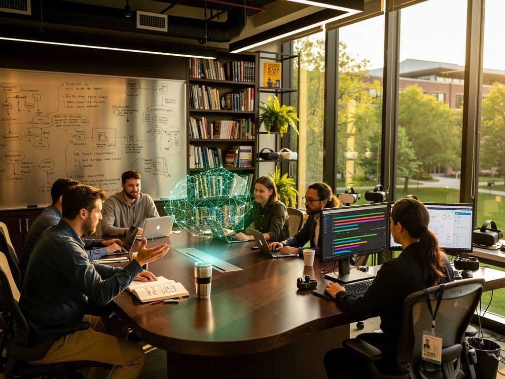 Modernes KI-Labor mit Monitoren zu Neuralnetzen, Ethik-Diagrammen und Campusblick