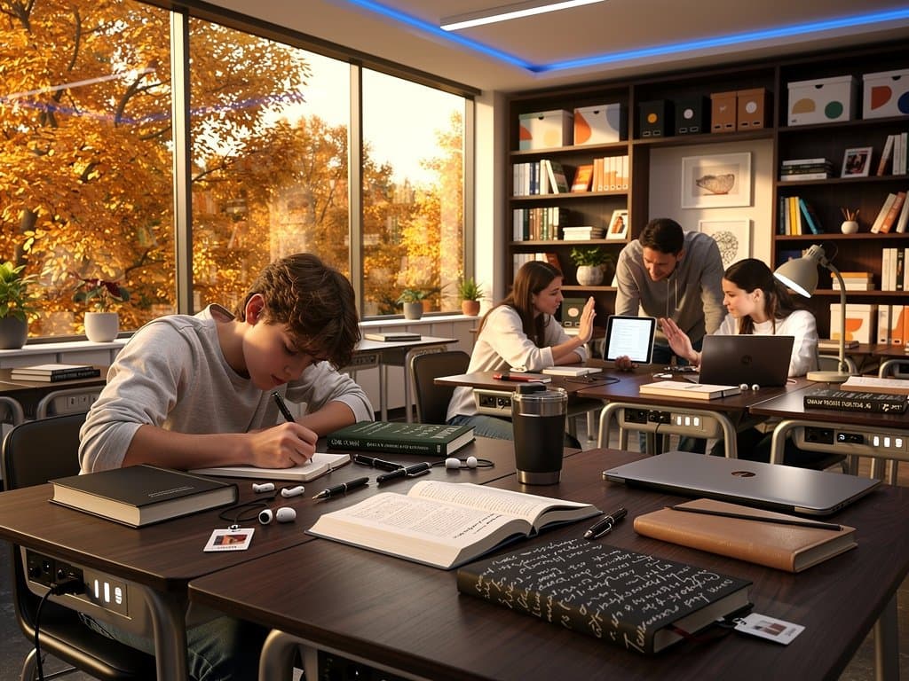 Klassenzimmer mit Büchern, handgeschriebenen Notizen und ausgeschaltetem KI-Laptop – Analoges Lesen siegt