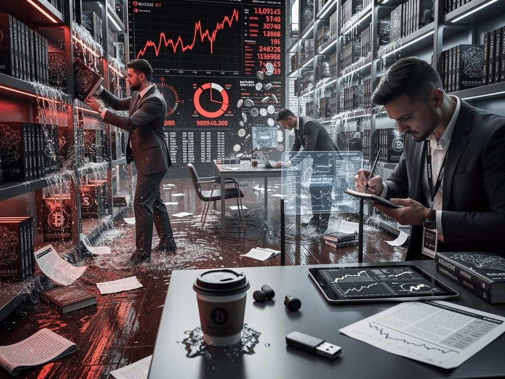 Überflutetes Bücherregal mit KI-Romanen und steigenden Crypto-Charts