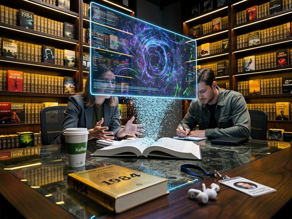 Dystopische Bibliothek mit KI-generierten abstrakten Bildern und klassischen Büchern