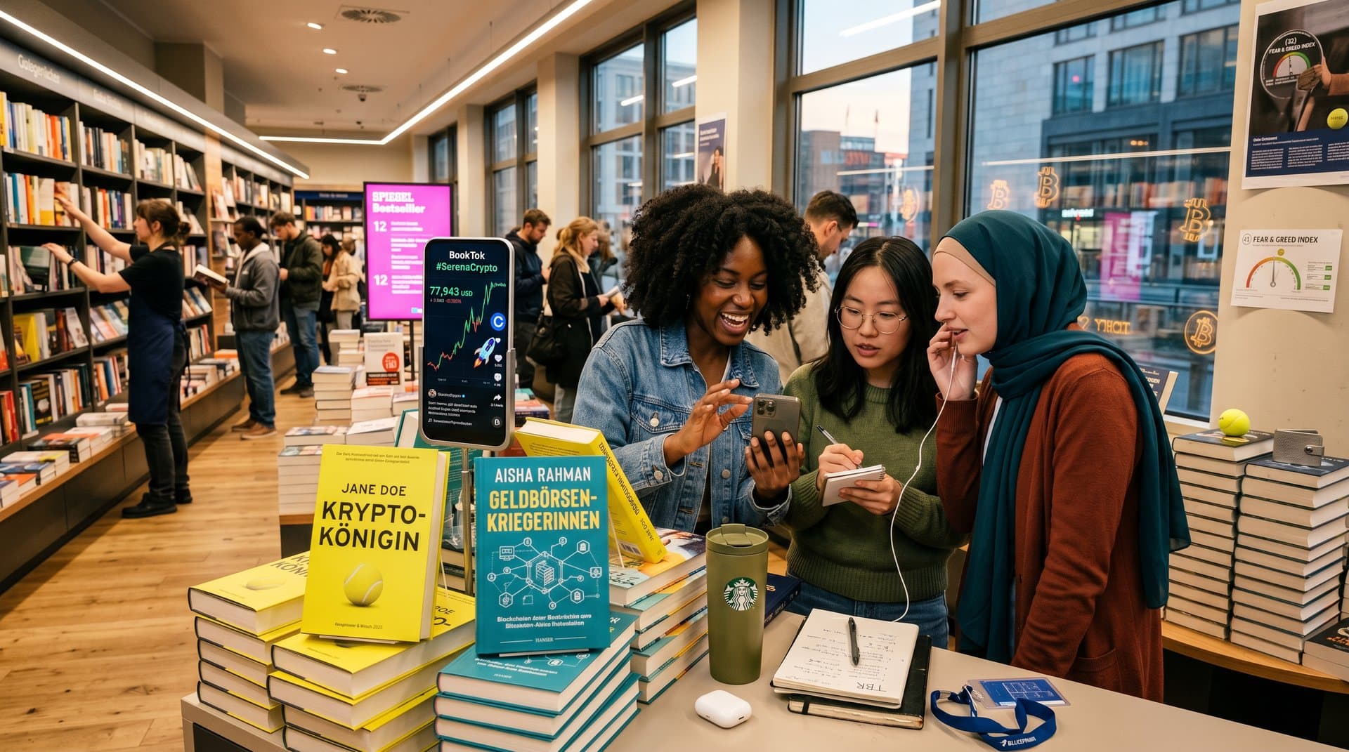 BookTok-Szene mit Financial Fiction-Büchern, #SerenaCrypto-Video und BTC-Chart in Buchladen